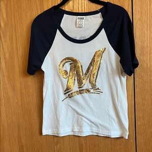 PINK Victoria's Secret Navy & White Kids Baseball Tee Milwaukee brewers